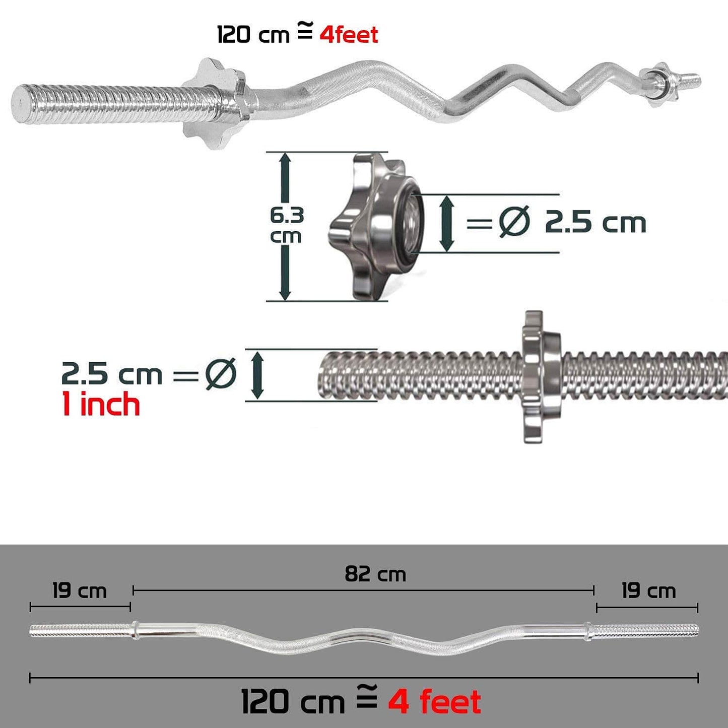 25mm Standard Barbell Rod Curl Bar With Spinlocks 1.2meters